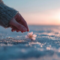 Delicate Hand Touching Blossom on Frosty Winter Morning