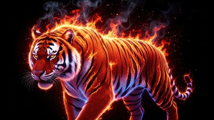 Fiery tiger engulfed in flames with intense gaze