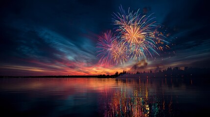 Stunning photo captures vibrant fireworks exploding over a tranquil lake at dusk, with colorful reflections. The sky is ablaze with hues