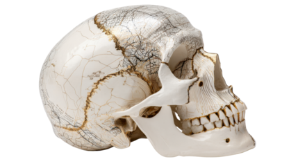 Human skull profile showing anatomy, cranium details, bones, decay, and scientific study on transparent background
