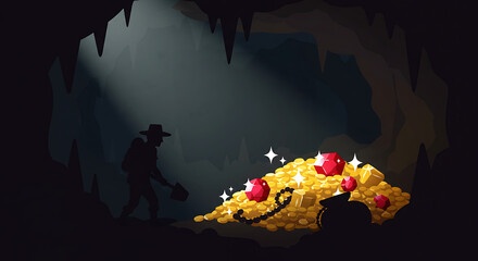 Silhouette Explorer Discovers Pile of Gold Coins and Jewels in Dark Cave
