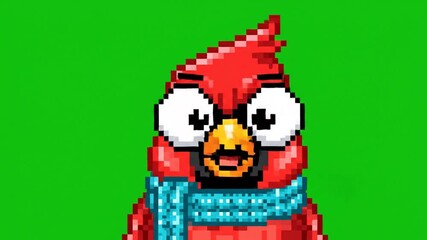 Charming Pixel Art Red Cardinal Bird with Blue Scarf on Green Screen - Powered by Adobe