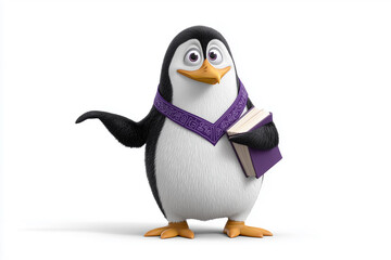 Fototapeta premium Cartoon Mascots for Business Wise Professor Penguin 3D Character Holding a Book and Wearing a Purple Academic Stole