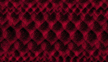 Abstract repeating pattern featuring dark crimson red overlapping, heart shapes created with dense digital speckle effects against a solid black background.