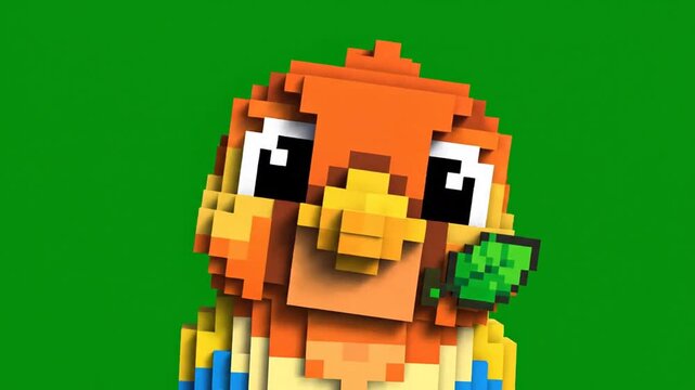 Charming Pixelated Bird with Leaf on Vibrant Green Background