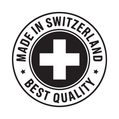 Fototapeta premium A circular badge displaying made in switzerland and a white swiss cross on a black background