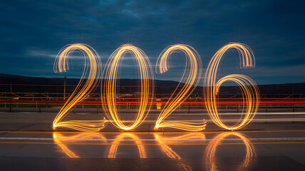 Glowing 2026 numbers in neon light trail on wet surface with dark blue night sky and motion blur for new year celebration
