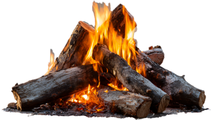 A pile of burning logs on fire isolated on transparent background with flames rising high