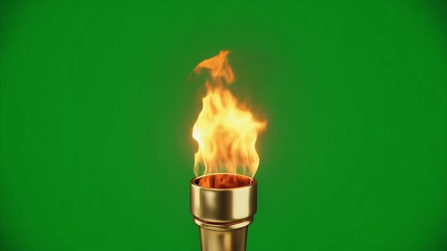 Flame burning brightly in a metallic torch against a green background