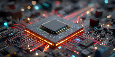 AI semiconductor chip with neon effect on a tech circuit background, rendered in glowing lines with a blue and purple color palette, symbolizing dvanced artificial intelligence and technology.