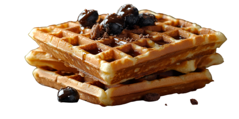 Stack of golden brown waffles with dark brown topping