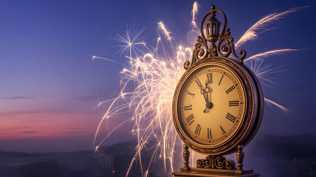 Vintage clock with fireworks exploding behind it in warm golden lighting on a dark blue gradient background for New Years celebration