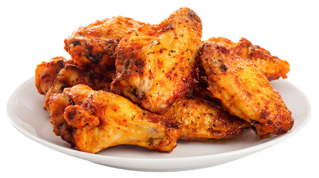 Delicious spicy chicken wings on a white plate served as appetizer or snack isolated on transparent background