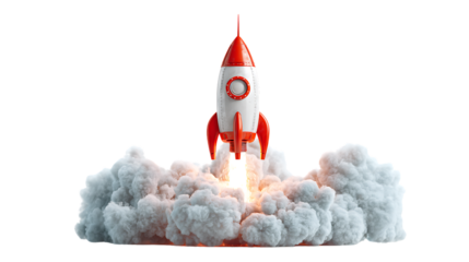 Rocket ship launching into the sky with smoke and flames rising isolated on transparent background