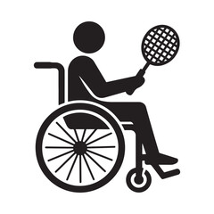 A simple black and white pictogram depicts a person in a wheelchair playing tennis