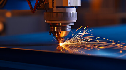 Close-up of a high-precision metal laser cutting machine in action, producing sparks. Modern industrial technology demonstrates precision and power. Manufacturing with accuracy.