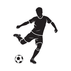Naklejka premium A dynamic silhouette of a soccer player in motion kicking a classic black and white ball