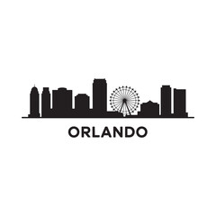A striking black silhouette of the orlando skyline featuring a prominent ferris wheel and city buildings