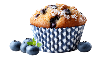 A blueberry muffin in a blue and white wrapper with fresh blueberries and a mint leaf isolated on transparent background