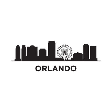 A striking black silhouette of the orlando skyline featuring a prominent ferris wheel and city buildings