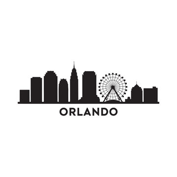 A striking black silhouette of the orlando skyline featuring a ferris wheel and buildings