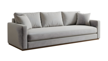 Grey couch with four pillows isolated on transparent background