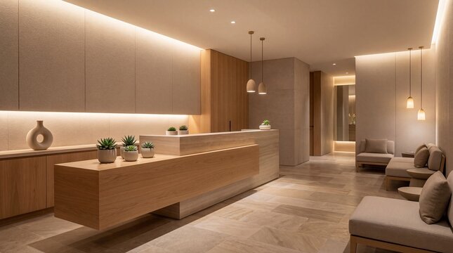 Modern Spa Reception Area with Warm Lighting and Natural Materials.