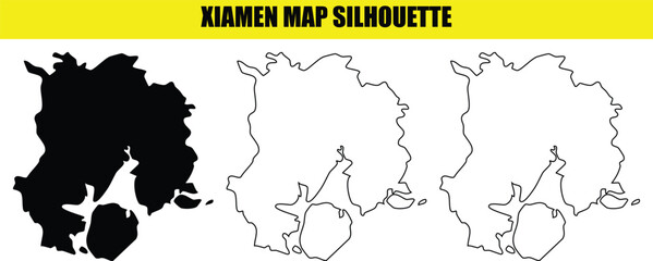 Obraz premium Xiamen map silhouette vector kit showing accurate coastal island borders for fujian province tourism and travel design