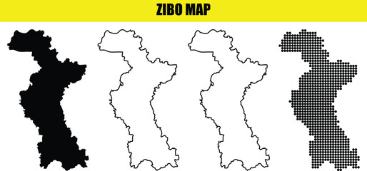 Obraz premium Zibo city map collection four different styles in black and white outline and halftone dot style