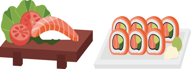 Japanese sushi and sashimi set vector, salmon nigiri on wooden board and maki rolls with wasabi and ginger illustration © Al