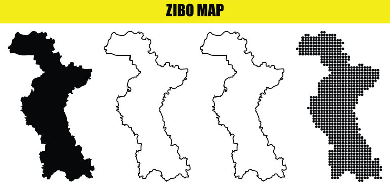 Zibo city map collection four different styles in black and white outline and halftone dot style