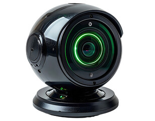 A close-up studio shot of a spherical black electronic camera