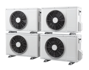 Four white air conditioning units stacked, displaying the fans, against a dark background