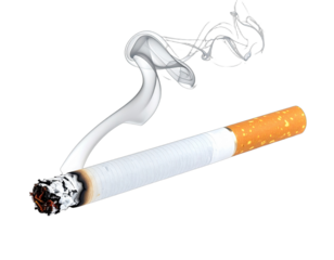 Digitally rendered cigarette burning with wisps of smoke, isolated against a solid black background