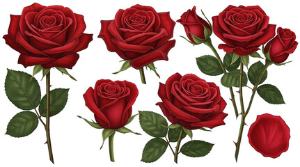 Vibrant, realistically rendered red roses with lush green foliage and detailed petal textures gracefully stand upright, exhibiting a slightly glossy sheen under, isolated on transparent background.