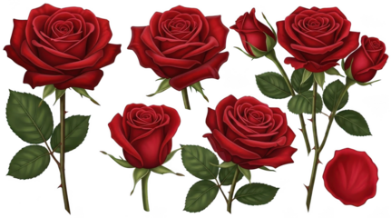 Vibrant, realistically rendered red roses with lush green foliage and detailed petal textures gracefully stand upright, exhibiting a slightly glossy sheen under, isolated on transparent background.