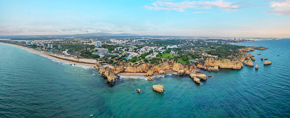 Fototapeta premium Aerial panorama from famous Praia Tres Irmaos in Alvor Portugal