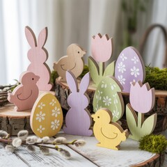 Pastel Easter Wooden Decor on White-Washed Surface