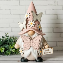 Pastel Spring Gnome Figurine with Hello Spring Sign