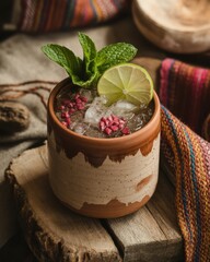 Rustic Mojito with Mint and Tropical Fruits in Clay Vessel