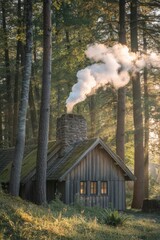 Tranquil Forest Lodge with Smoking Chimney at Dawn