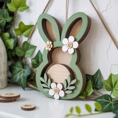 Wooden Bunny Wall Hanging in Sage Green and Brown