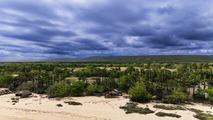 Beautiful beach on the east side of Sumba Island, its white sand and big ocean waves become a unique attraction when viewed from the air.