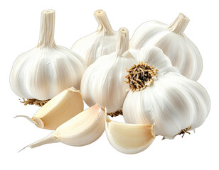 Close-up of several whole garlic bulbs and two cloves against a transparent background