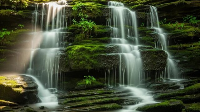 A serene waterfall cascading down mossy rocks in a lush green forest with sunlight filtering through