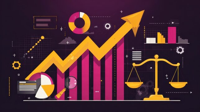 A stylized illustration depicting financial growth with an upward-pointing arrow overlaying a rising bar graph, accompanied by data visualizations, a balance scale, and other graphic elements - Powered by Adobe