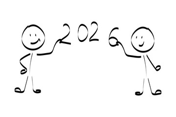 2026. doodle. Simple hand-drawn stick figures presenting the year 2026 on a board, symbolizing future planning, goals, and business forecasting.