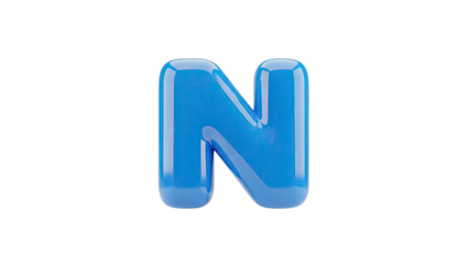 3D Blue letter N, glossy and rounded on transparent background