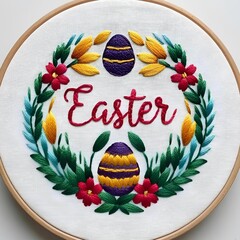 Background with Embroidered Easter Egg, branch with leaves, flowers, text