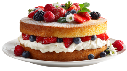 Delicious layered cake with strawberries, blueberries, raspberries, and blackberries on a plate isolated on transparent background